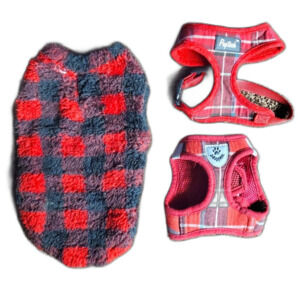 Buffalo Plaid Small Dog Sweater & 2 Pupteck Harnesses Red Plaid Paw Shield XS/S